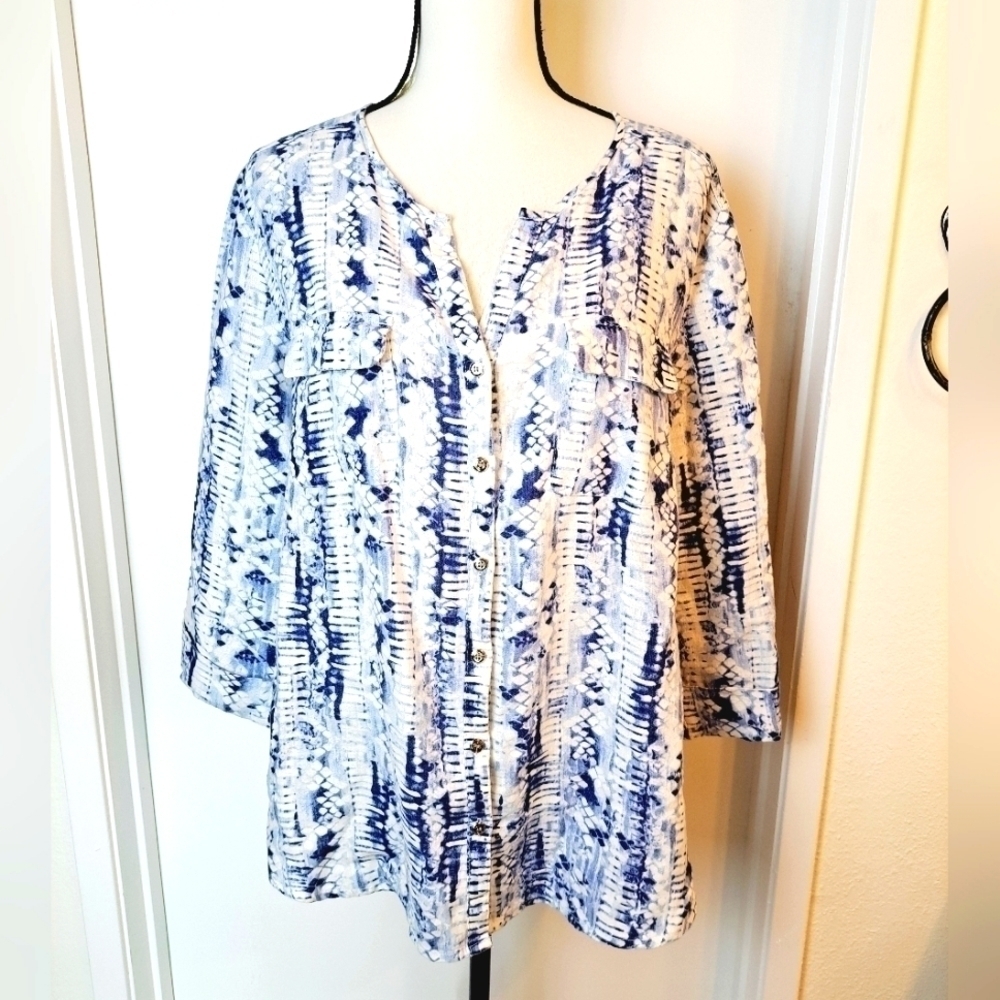 JM collection sz 14 100% Linen shacket top tie dye blues